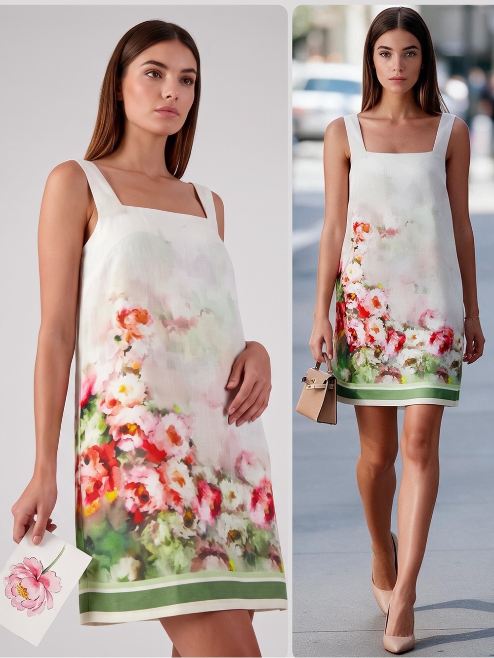 Ciebon Cemile Square-Neck Dove Watercolor Floral Shift Mini Dress NWT $148